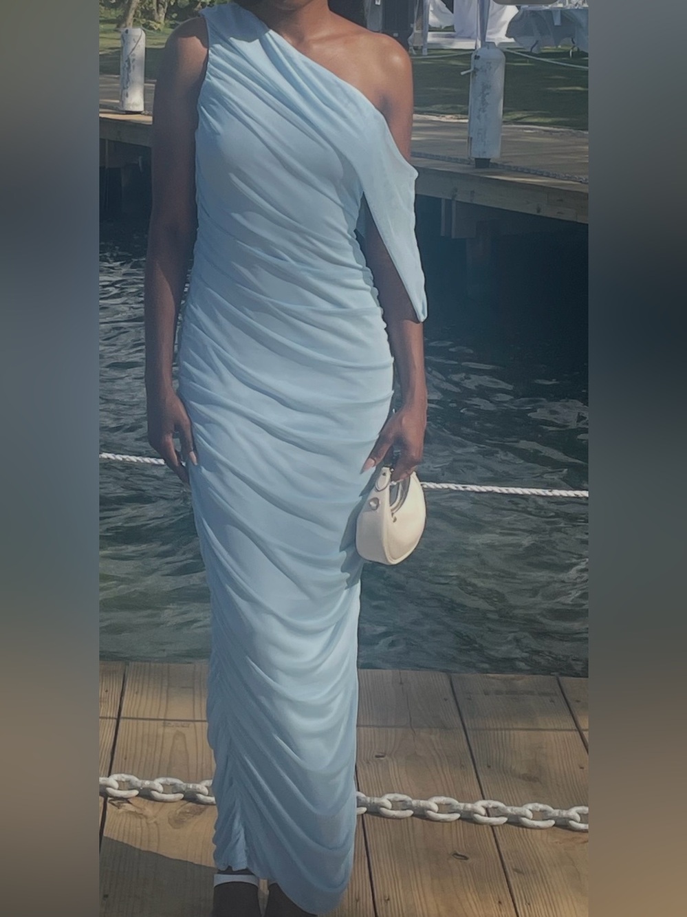 WORN ONCE. PrettyLittleThing Powder Blue One-Shoulder Ruched Gown